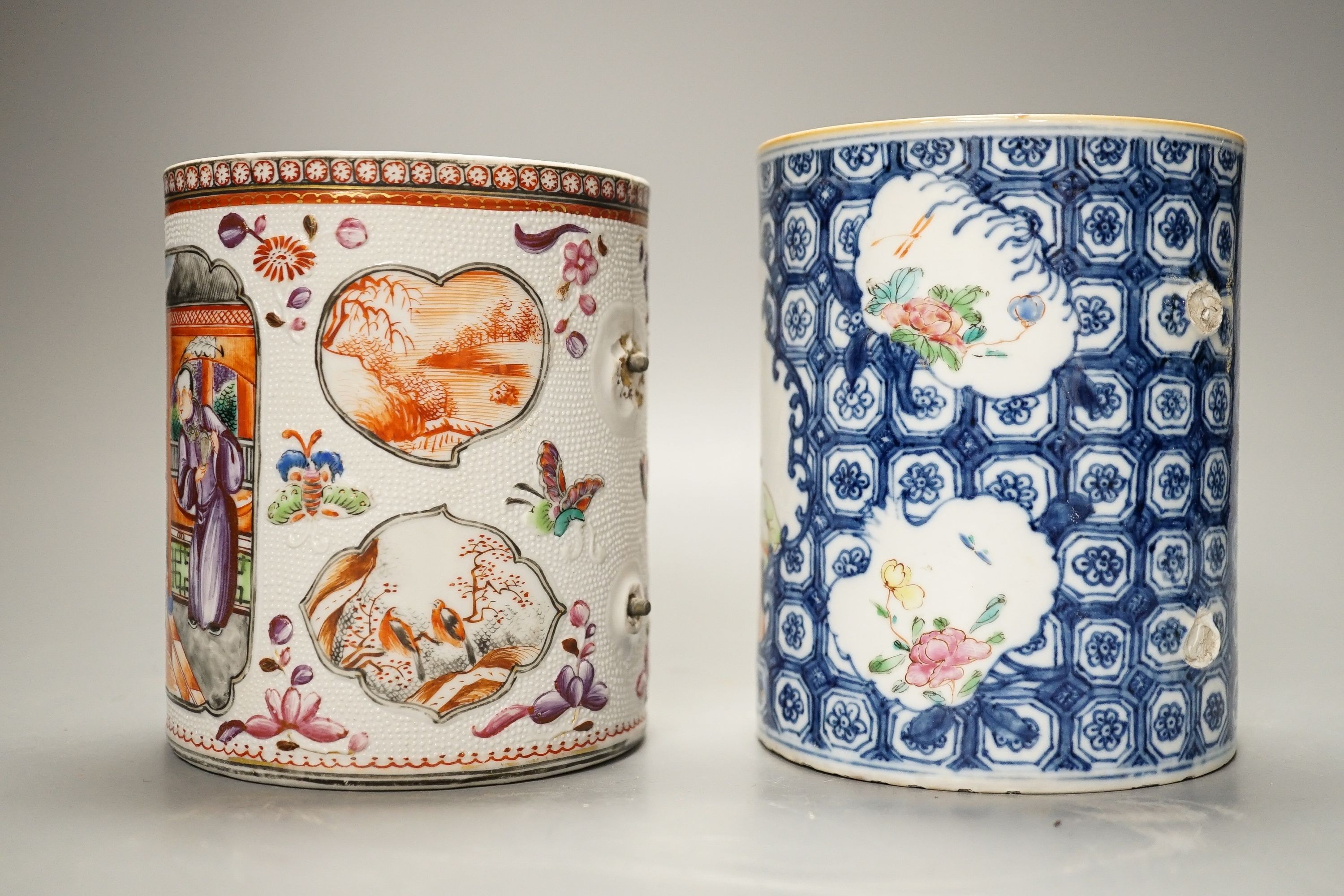 Two 18th century Chinese export famille rose tankards, tallest 13cm (damaged)